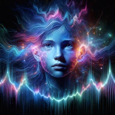 The primary subject of the image is a young girl with blue eyes, who appears to be the main focus of the scene. The setting is a futuristic, colorful environment, with a backdrop of a starry sky. The visual style is a combination of digital art and illustration, creating a vibrant and dynamic atmosphere. The colors and mood of the image are predominantly blue and purple, giving it a serene and dreamy quality.